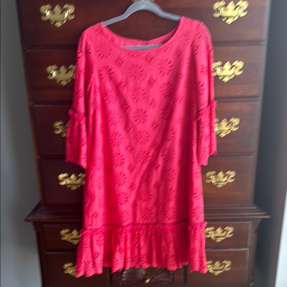 Pink Anthropologie  Floral Patterned Dress with flare sleeves and beading